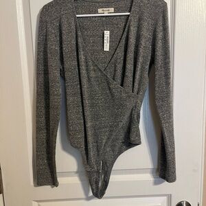 Gray Long Sleeve Wrap Bodysuit